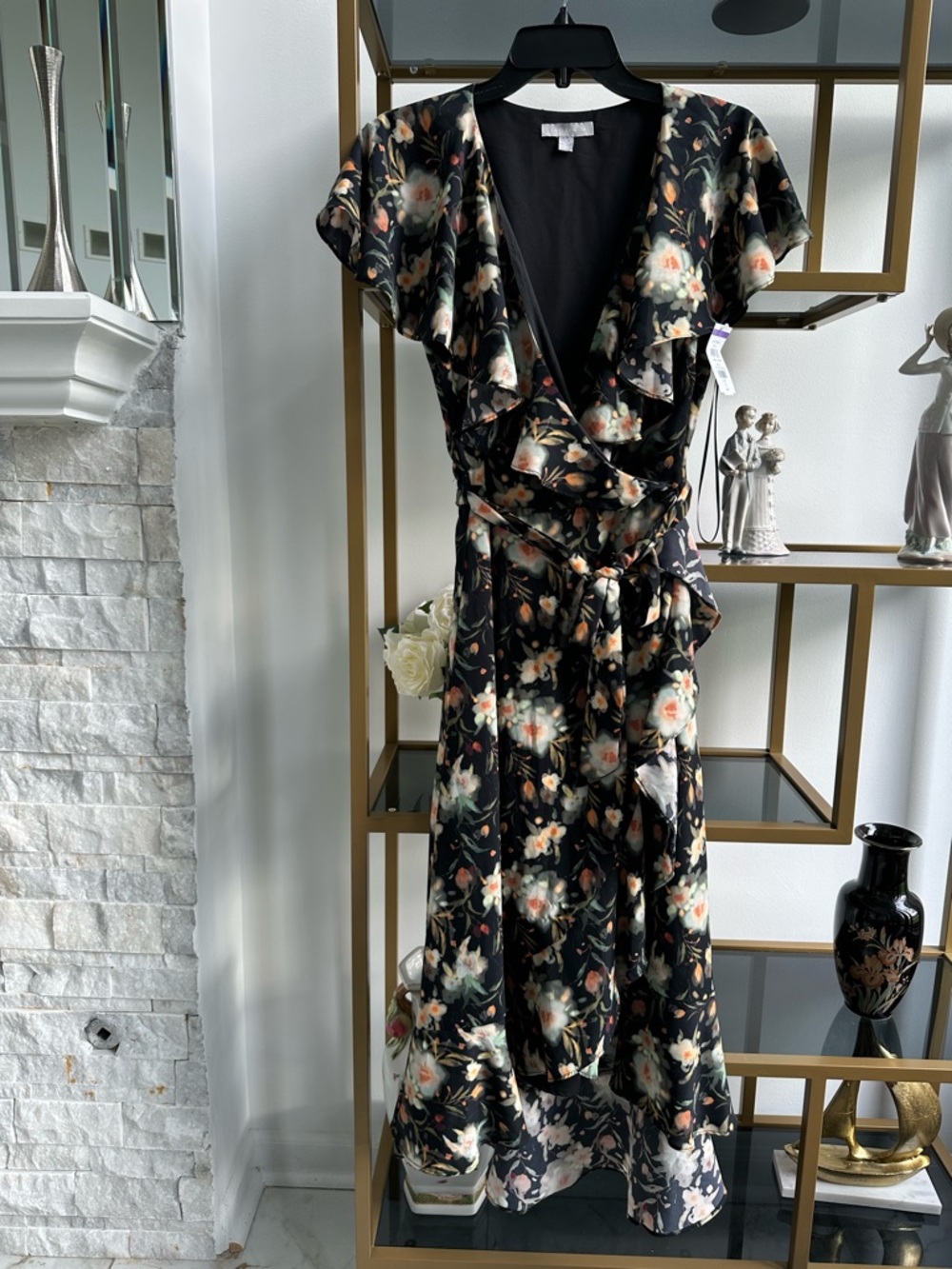 Chelsea28 Black Floral Maxi Wrap Dress with Ivory and Peach Blooms